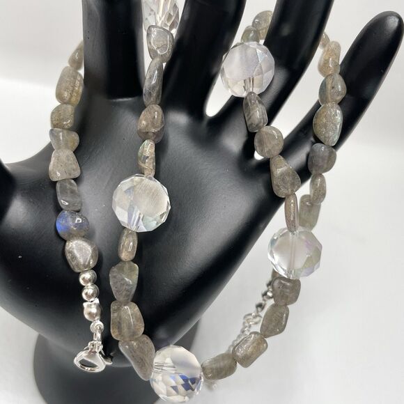 Natural Labradorite Chip White AB Froster Glass Beaded Necklace Boho Statement - Picture 2 of 8